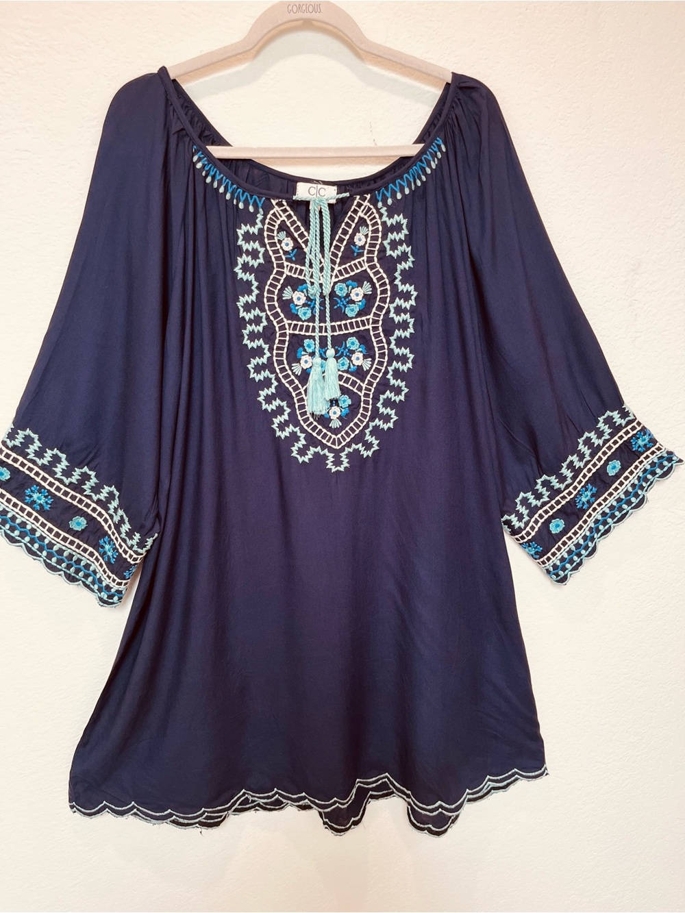 CC Conection Pheasant Boho Style Navy Top with Aqua Embroidery 3x
